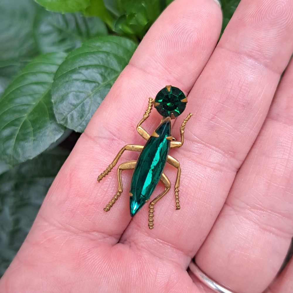 Vintage Insect Bug Brooch Green Pin Glass Rhinestone